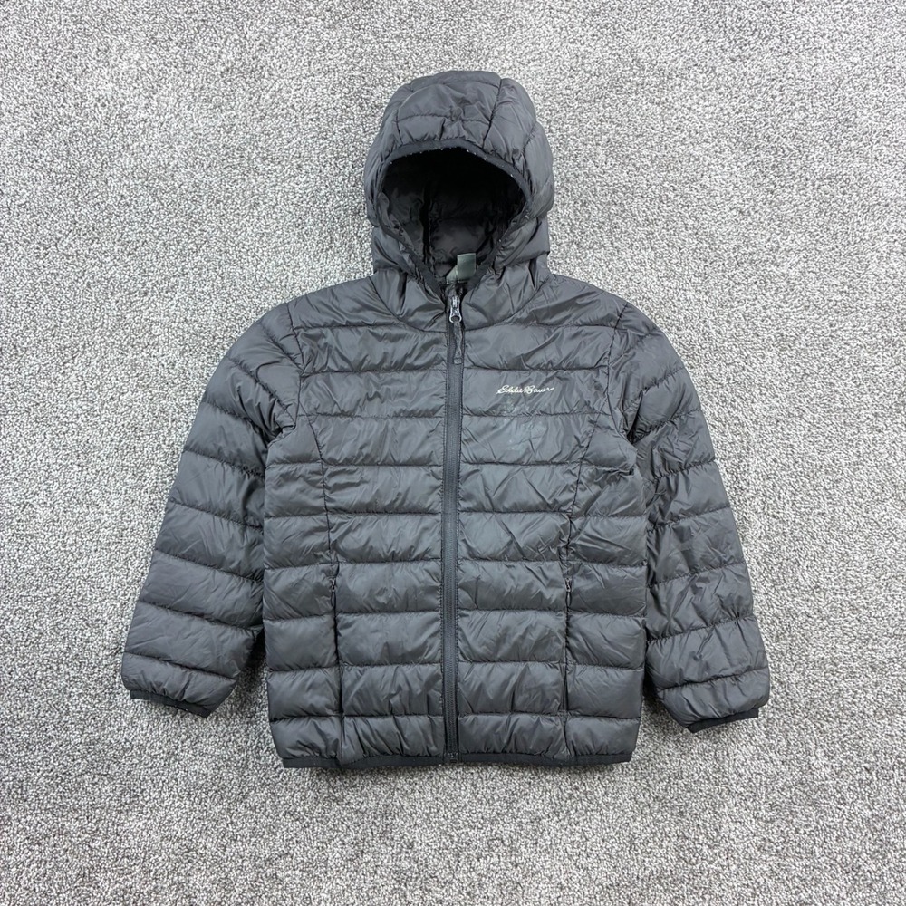 Eddie Bauer Puffer Jacket Kids XS 5/6 Black Quilted Hooded Full Zip Coat